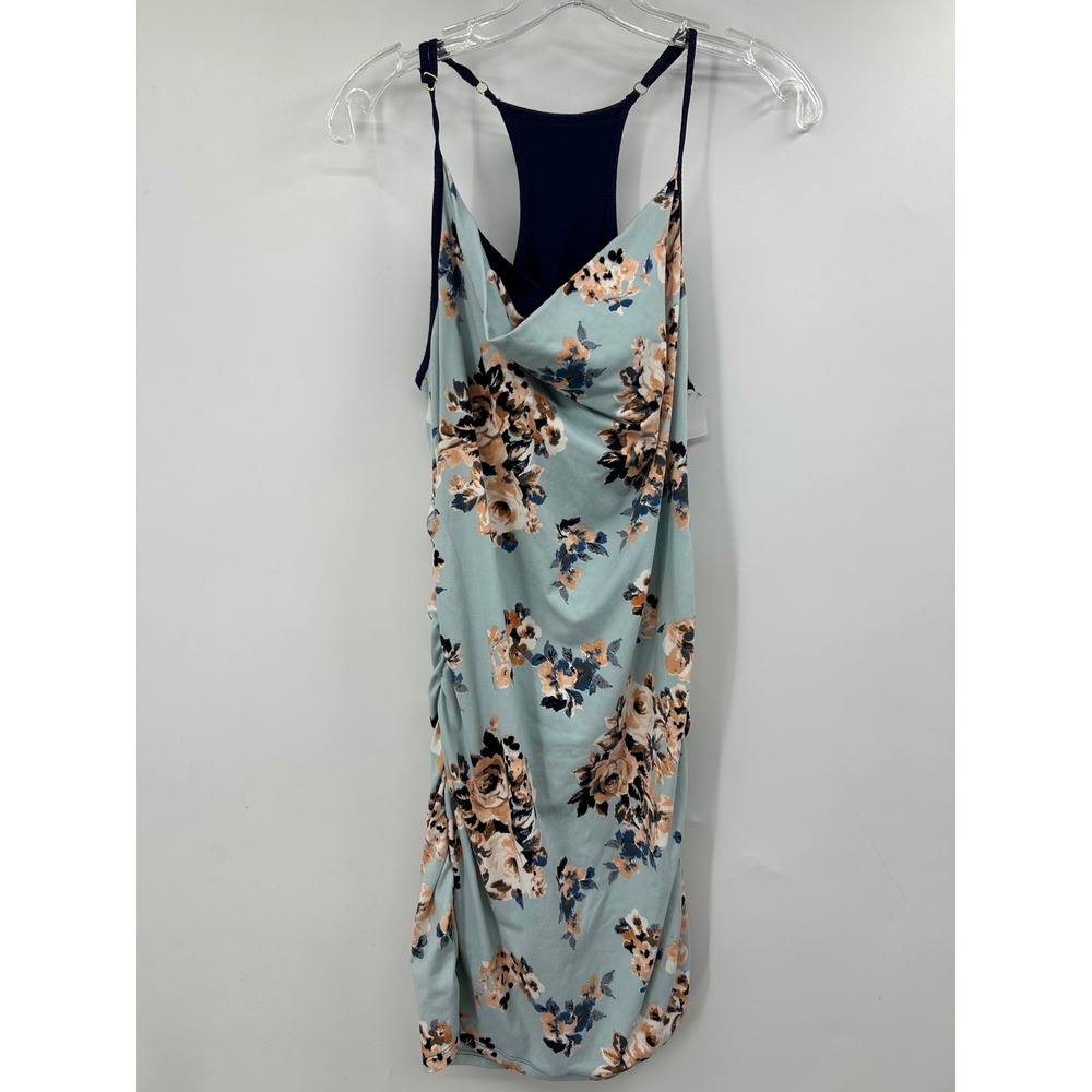 Autumn Teneyl Floral Cowl Neck Mini Dress Blue Ruched Organic Size M